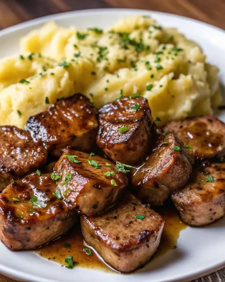 Garlic Butter Beef Bites with Creamy Mashed Potatoes
