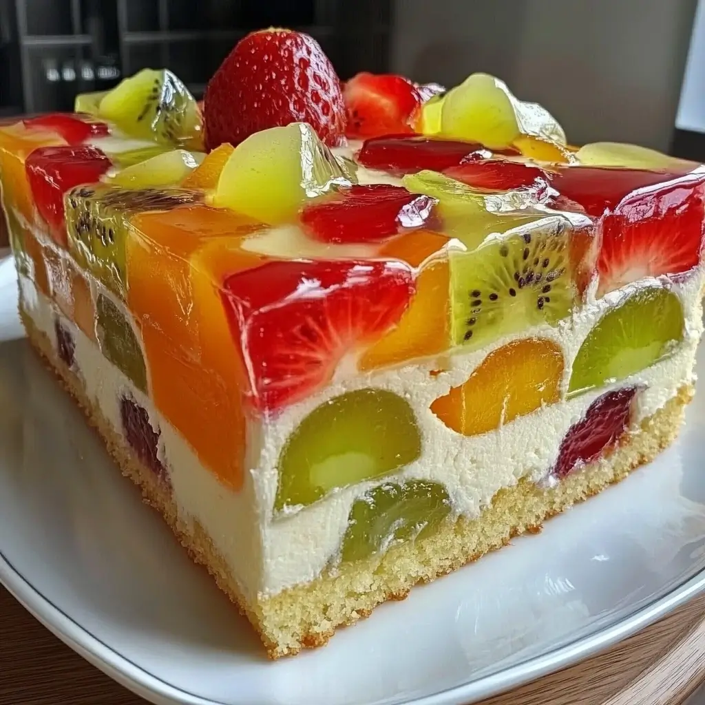Ciasto z Biszkoptem, Masą Budyniową i Galaretką z Owocami