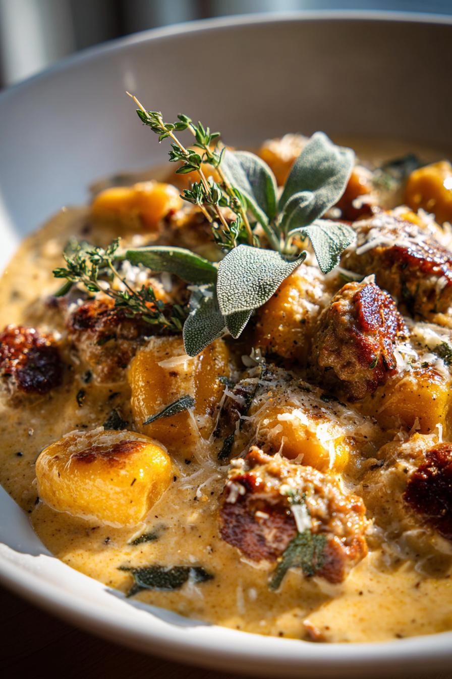 Autumn Dinner: Creamy Butternut Squash Gnocchi with Sausage, Thyme, and Sage