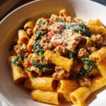 Creamy Sausage Rigatoni with Spinach, Garlic, and Tomato Cream Sauce (One-Pan, 30-Minute recipe)