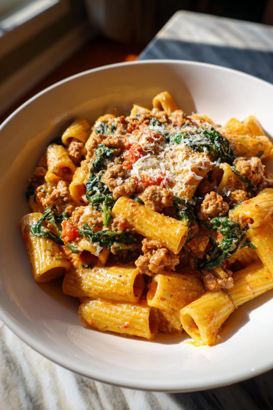 Creamy Sausage Rigatoni with Spinach, Garlic, and Tomato Cream Sauce (One-Pan, 30-Minute recipe)