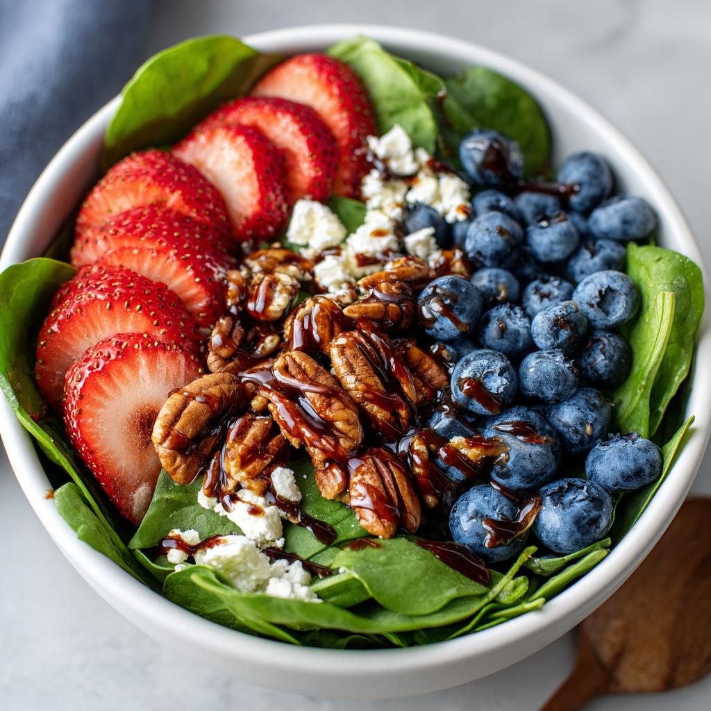 30-Minute Strawberry Spinach Salad with Blueberries, Pecans, Feta cheese, and a Balsamic glaze. - detail 1