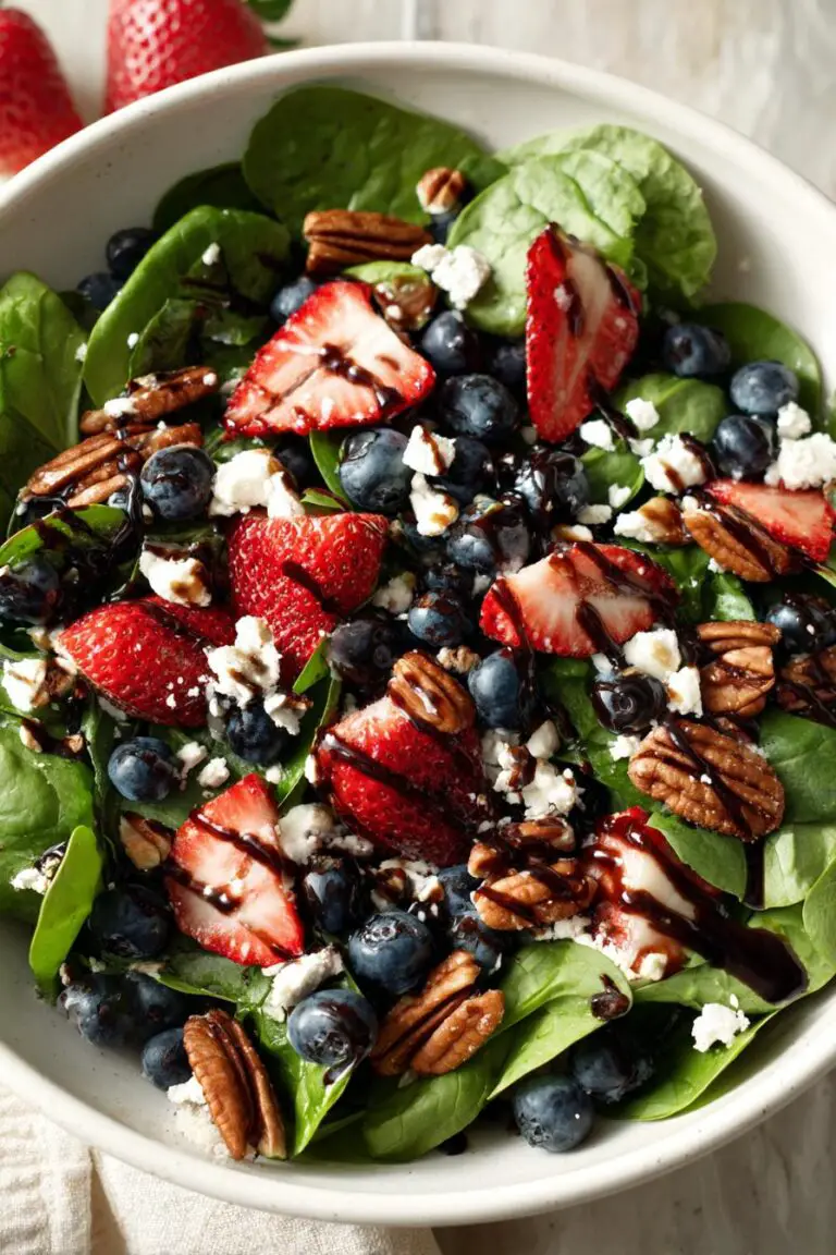 30-Minute Strawberry Spinach Salad with Blueberries, Pecans, Feta cheese, and a Balsamic glaze.