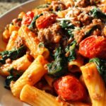 Creamy Sausage Rigatoni with Spinach, Garlic, and Tomato Cream Sauce (One-Pan, 30-Minute recipe)
