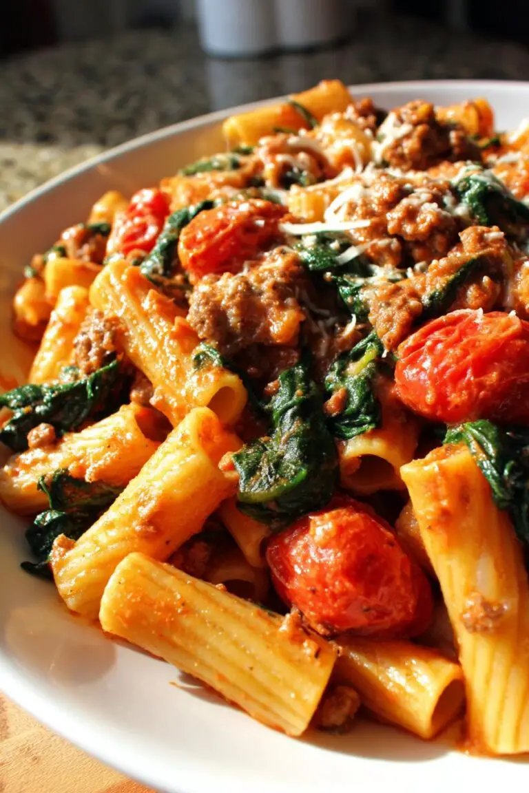 Creamy Sausage Rigatoni with Spinach, Garlic, and Tomato Cream Sauce (One-Pan, 30-Minute recipe)