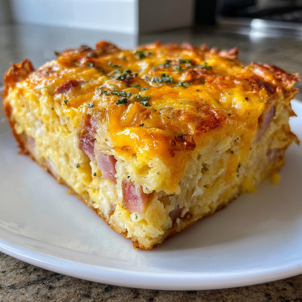 Frozen hash brown patties, eggs, cheese, and ham make this hash brown egg casserole… in 2022 | Break - detail 1