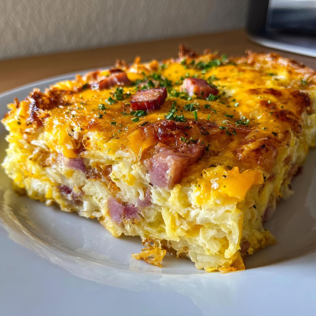Frozen hash brown patties, eggs, cheese, and ham make this hash brown egg casserole… in 2022 | Break - detail 2