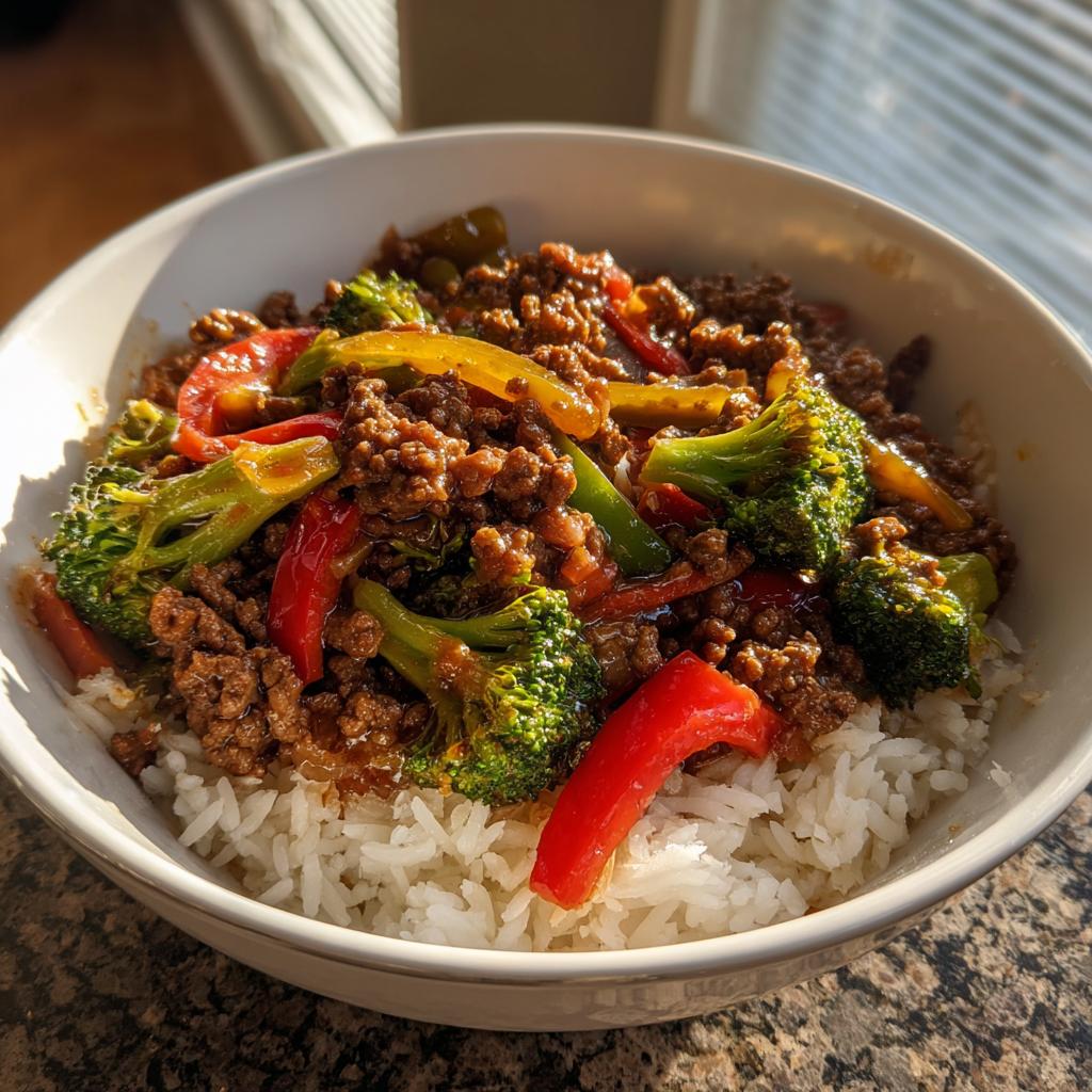 Spicy Ground Beef Stir-Fry Bowl with Garlic Veggies & Steamy Rice - detail 1