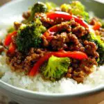 Spicy Ground Beef Stir-Fry Bowl with Garlic Veggies & Steamy Rice