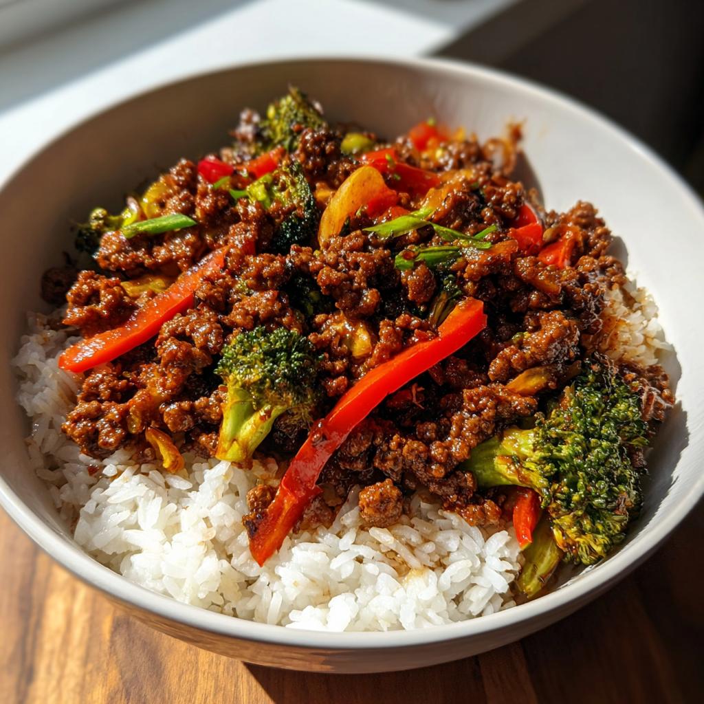 Spicy Ground Beef Stir-Fry Bowl with Garlic Veggies & Steamy Rice - detail 3