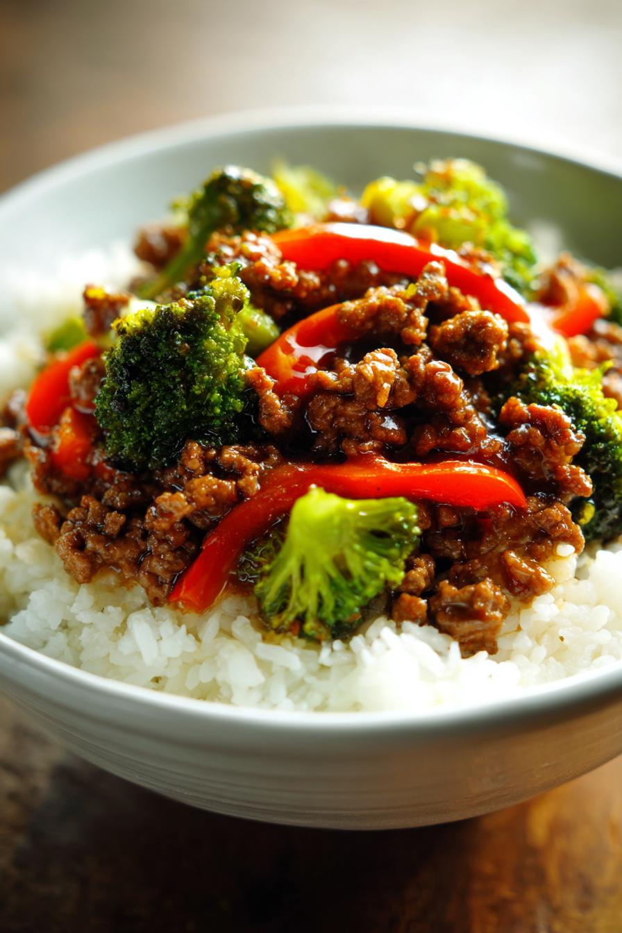Spicy Ground Beef Stir-Fry Bowl with Garlic Veggies & Steamy Rice