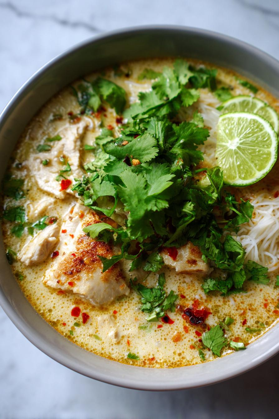 Tajska zupa kokosowa z kurczakiem i makaronem – rozgrzewająca i aromatyczna! 🍜🥥
