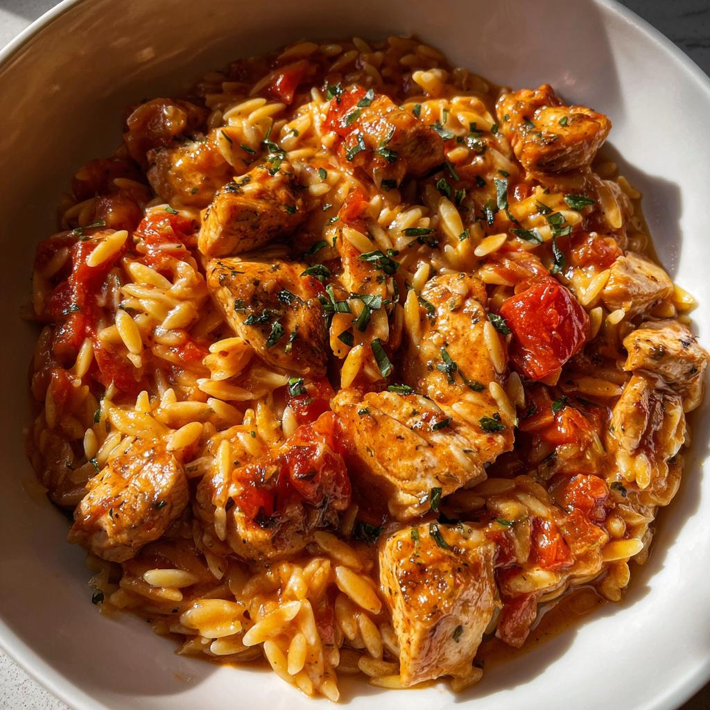 Kurczak z makaronem orzo w kremowym sosie pomidorowym – idealne danie na każdą okazję! - detail 1