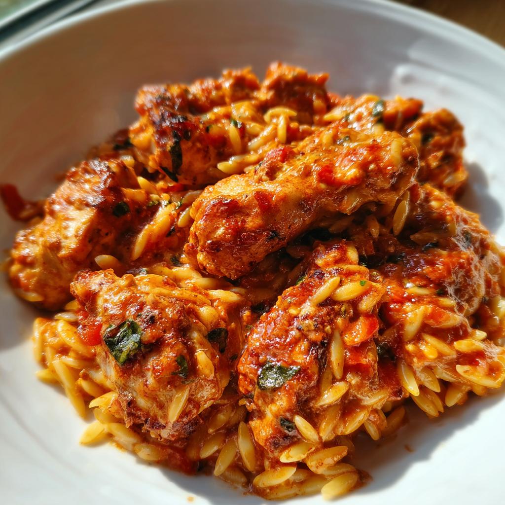 Kurczak z makaronem orzo w kremowym sosie pomidorowym – idealne danie na każdą okazję! - detail 2