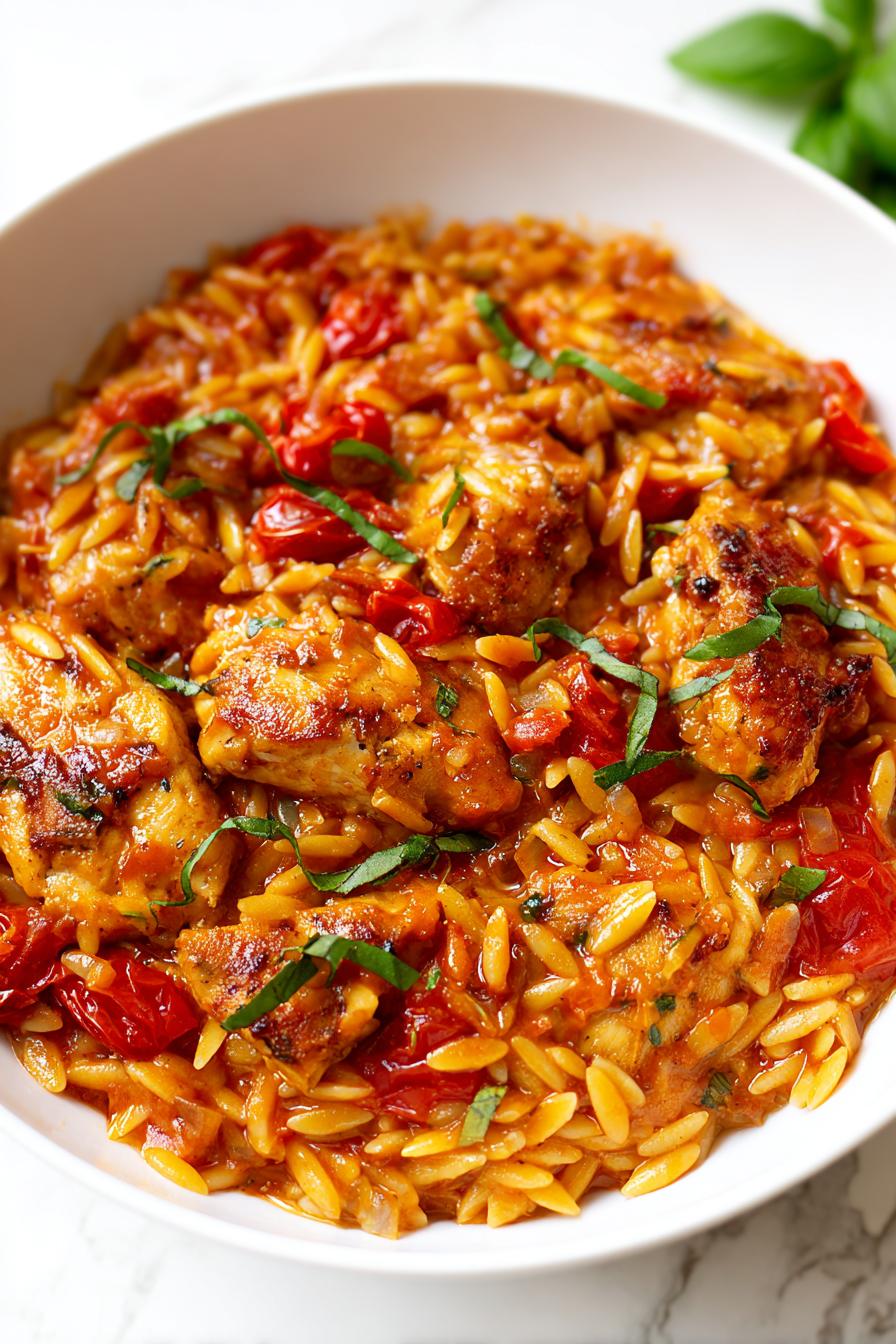 Kurczak z makaronem orzo w kremowym sosie pomidorowym – idealne danie na każdą okazję!